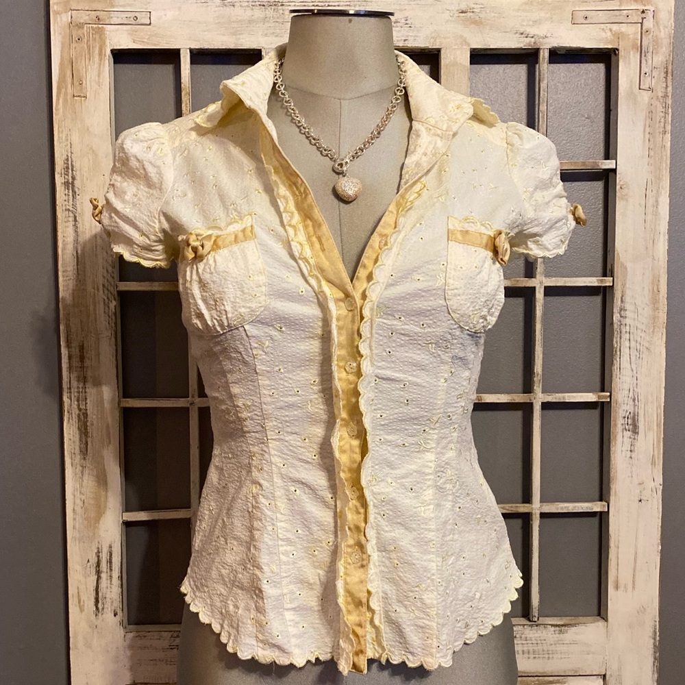 bebe White and Pale Yellow Ruffled Eyelet Button-Up Blouse
